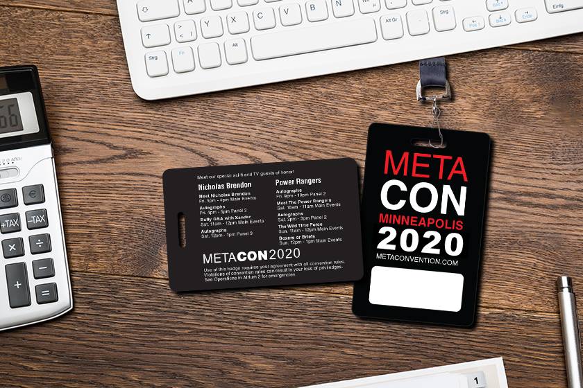 Example of Custom Convention Badges for MetaCon Minneapolis with Writable area for personalization and event schedule