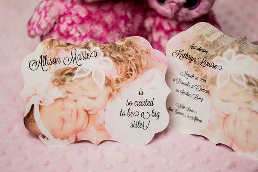 custom shaped die cut custom designed family baby announcment