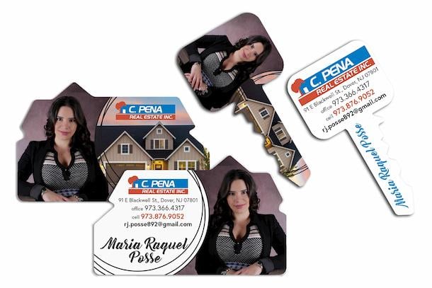 Realtor business cards in custom shapes of house and key