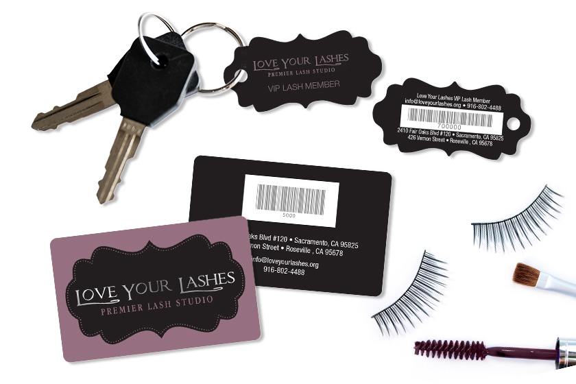 Custom Printed Love Your Lashes Gift Cards with Barcode and Custom Shaped Die Cut Membership Key Tags with Barcode