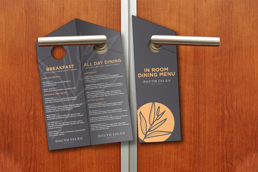 Hotel door hangers with a menu inside