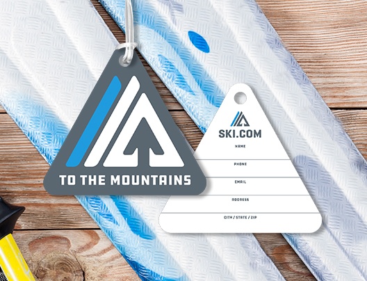Example of Triangle Shaped Writable To the Mountains Ski.com Custom Printed Ski Pass Cards by Plastic Printers, Inc.