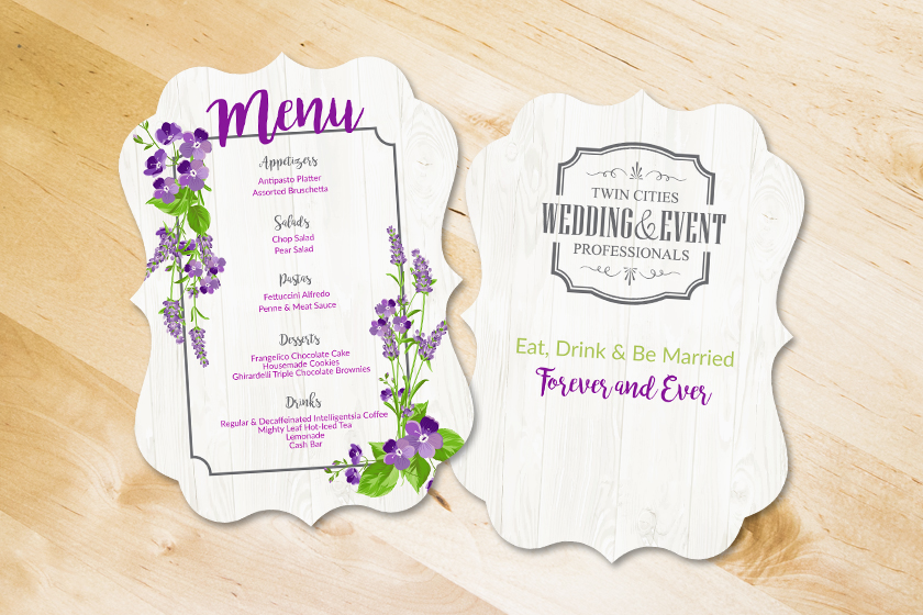 Die Cut Menu for Twin Cities Wedding and Event Professionals