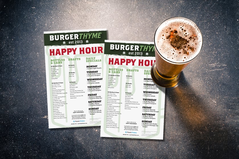 Happy hour menu for a bar and restaurant