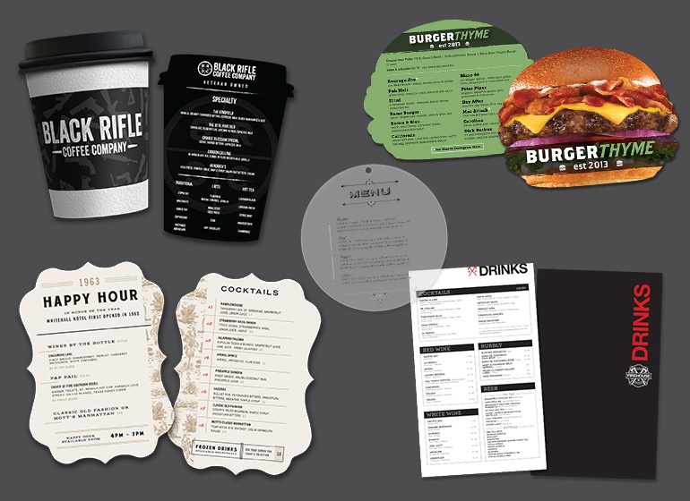 Restaurant menu, drink menu,  cafe menu, custom shaped menu, spiral bound menus and more