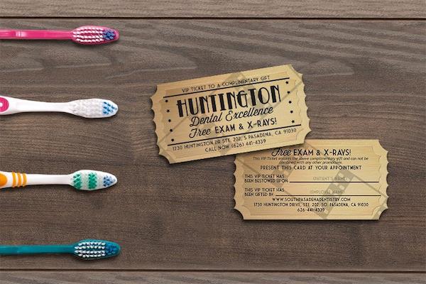 Example of custom shape promo cards designed for a dental office