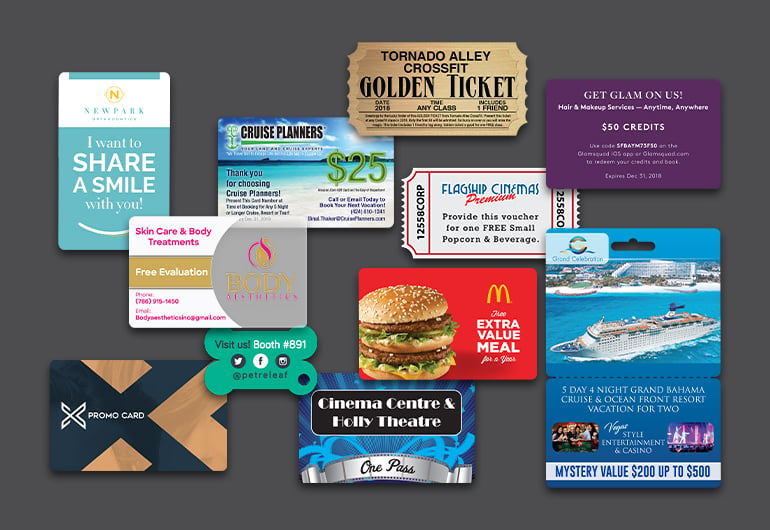 Example of custom promo cards from Plastic Printers, Inc.