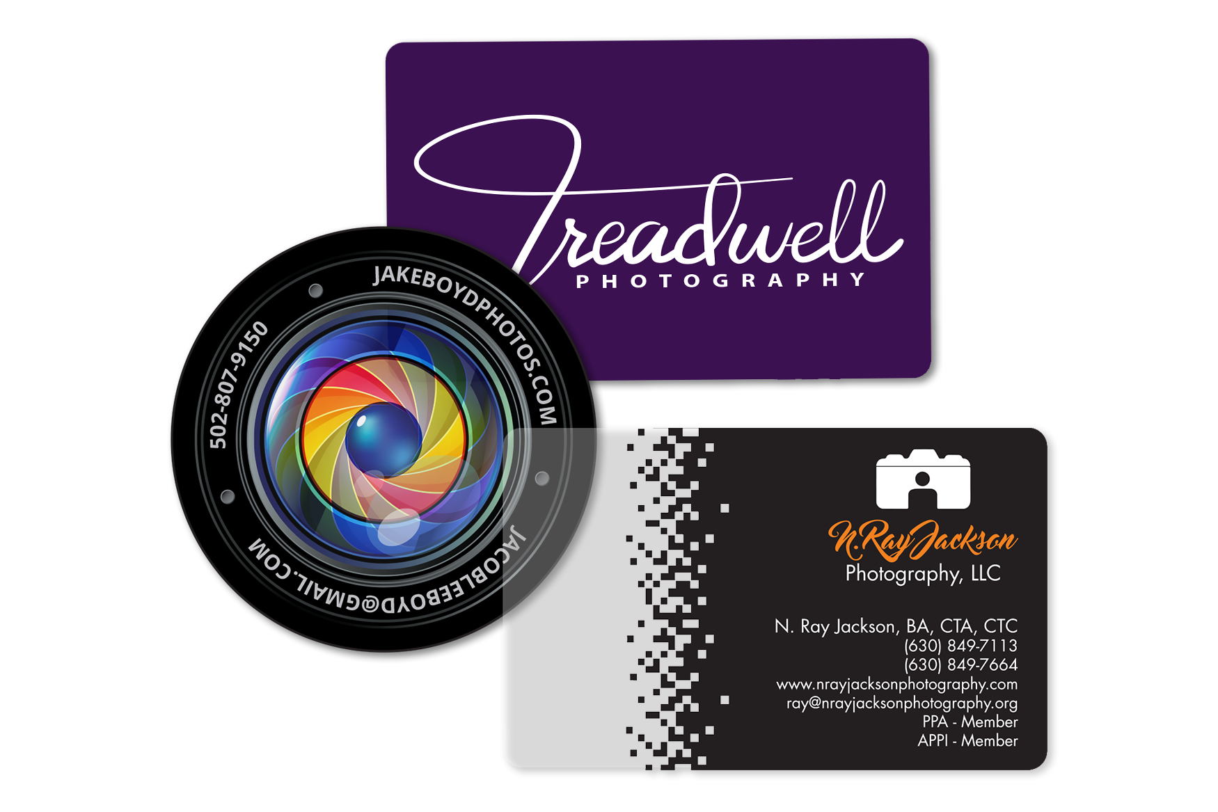 Photography business cards with clear accents and camera business cards